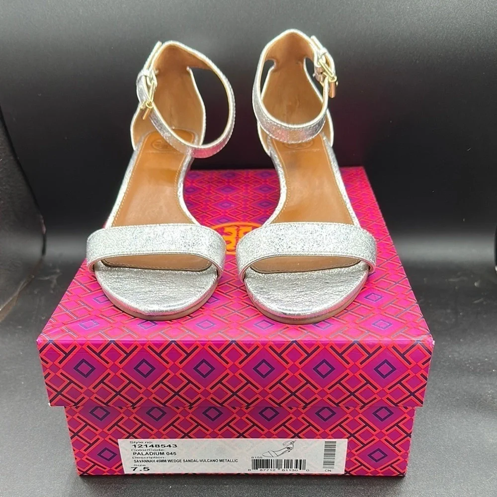 Tory Burch Savannah 45mm wedge sandal vulcano metallic silver size 7.5
